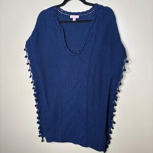 Lilly Pulitzer Women's 'Keating Sweater' Sz M‎ Navy Blue Poncho PomPom